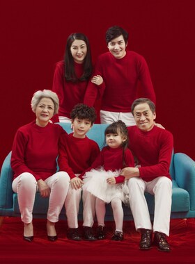 新款影楼全家福摄影服装红色中国风主题一家六口家庭拍照亲子服装
