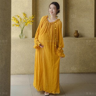 影楼新款孕妇装油画风黄色长袖肌理棉孕妈咪连衣裙法式复古长袍裙
