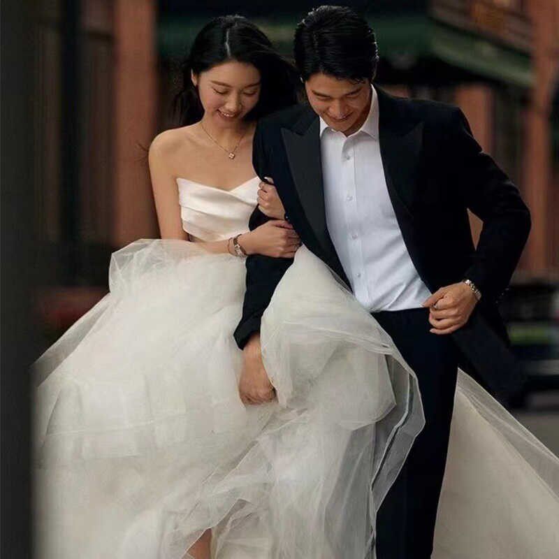 影楼简约韩式婚纱超仙森系情侣街拍服装公主蓬蓬裙抹胸大拖尾礼服
