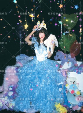 新款影楼法式轻婚纱复古蓝色在逃公主生日礼服氛围感摄影写真服装