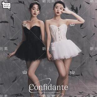 影楼闺蜜主题森系精灵女神黑白天鹅芭蕾姐妹写真羽毛短裙摄影服装