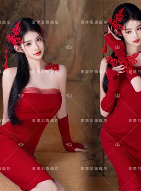 2026新款照相馆剪纸主题新中式红色纯欲风复古旗袍私房写真艺术服