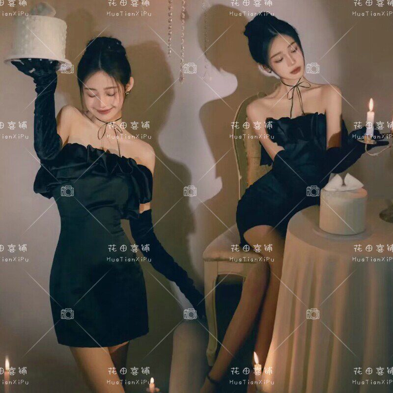新款财阀千金少女生日派对公主风主题服装一字肩法式黑色写真礼服