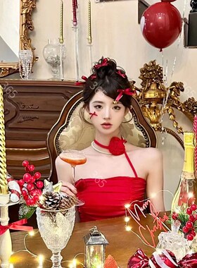 新款圣诞节红色写真服装少女氛围感法式千金公主风艺术照摄影服饰