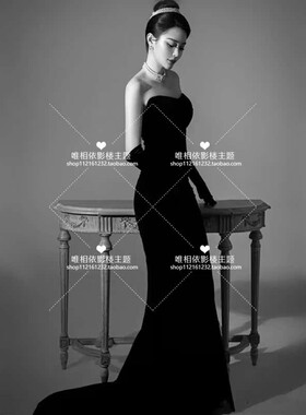 法式赫本风气质黑色丝绒鱼尾抹胸礼服照相馆写真主题个人摄影服装