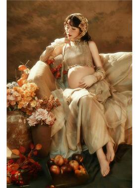 新款影楼孕妇照新款复古新中式主题白色针织衣孕妈咪大肚照摄影服