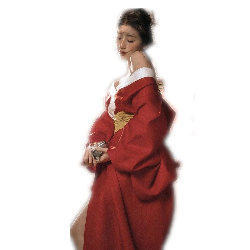 影楼新款红色改良和服女性感露肩日式浴袍和风连衣裙摄影写真服装图片