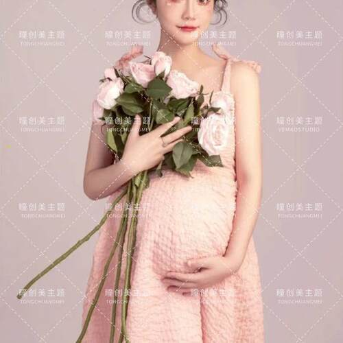 新款影楼主题孕妇装时尚粉色吊带妈咪大肚唯美艺术照写真拍照服装