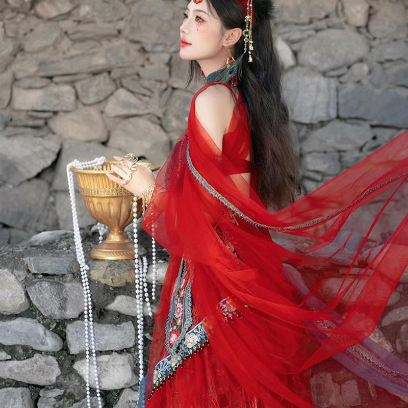 西域大漠公主服饰灵狐仙子红色披风抹胸长裙夏日么么茶异域风摄影