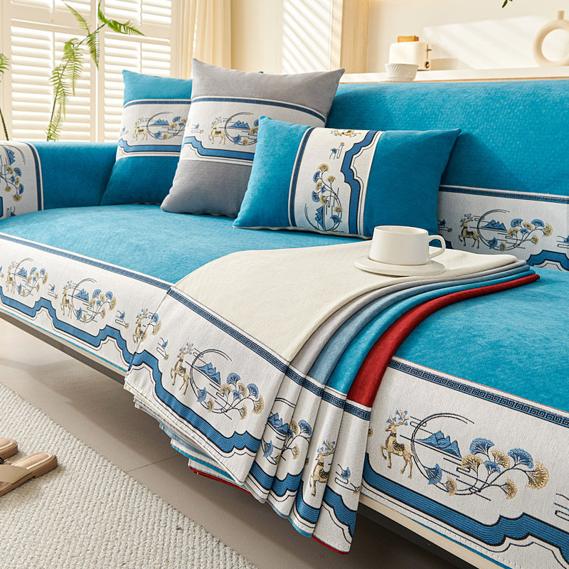 新款雪尼尔沙发垫防滑新中式直排坐垫子靠背巾套简约现代四季通用