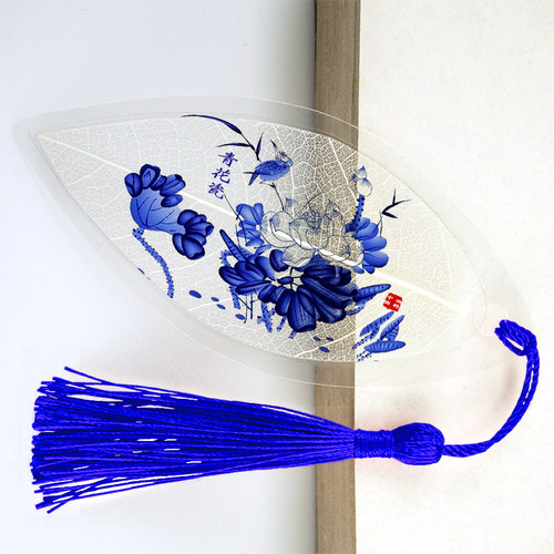 中国风青花瓷书签古典真实树叶