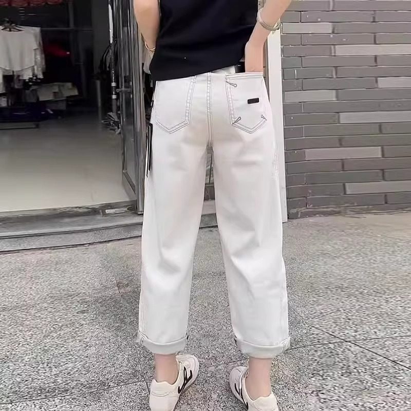 7258#--白色直筒牛仔裤女夏季薄款宽松不卡裆属弯刀裤香蕉裤