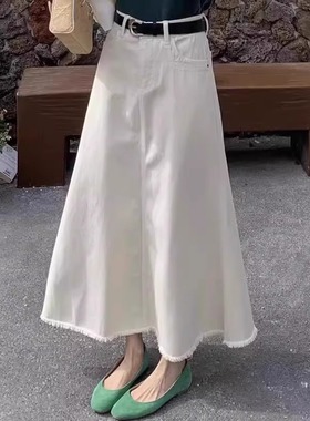 7150#41白色毛边牛仔半身裙女春季新款大码宽松显瘦中长款A字裙