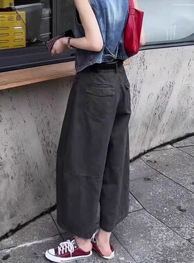 8230#阔腿牛仔裤女2025秋季新款大码宽松显瘦休闲九分弯刀裤