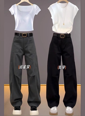 5868#黑色#灰色44大码美式工装牛仔裤女秋冬新款弯刀裤