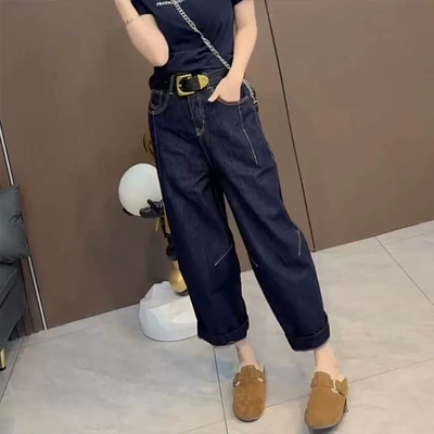 8562#50深蓝色哈伦牛仔裤女2026夏新款小个子高腰显瘦九分萝卜裤
