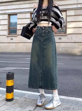 5670#45蓝色复古牛仔半身裙女春季新款a字通勤百搭高腰显瘦包臀裙