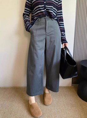 6095#41灰色弯刀休闲裤女秋季新款大码小个子宽松显瘦哈伦阔腿裤