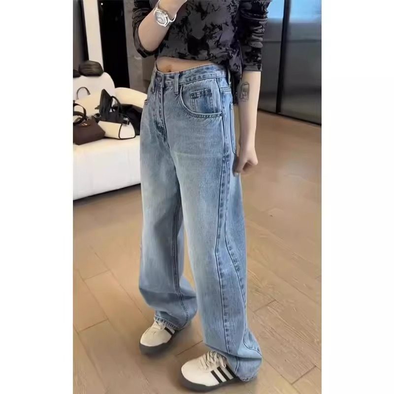7035#43常规阔腿牛仔裤女春秋新款大码胖mm高腰显瘦直筒弯刀裤子
