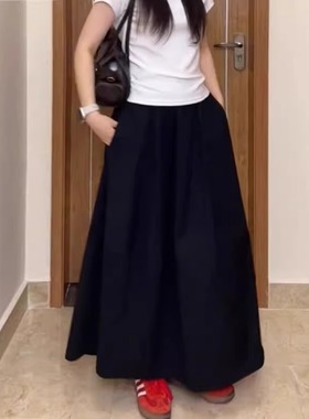 2629#43休闲黑色半身裙女2025春夏百搭垂坠感长裙