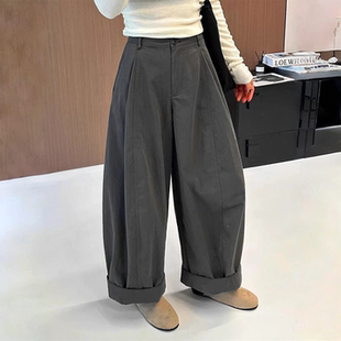 卷边弯刀阔腿裤 宽松慵懒休闲裤 女2025秋季 欧货大码 新款 6121