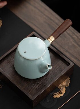 汝窑木把侧把壶家用手工汝瓷茶壶陶瓷单壶简约功夫茶具手柄泡茶壶