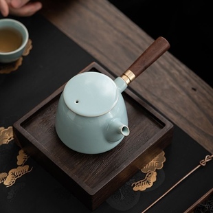 汝窑木把侧把壶家用手工汝瓷茶壶陶瓷单壶简约功夫茶具手柄泡茶壶