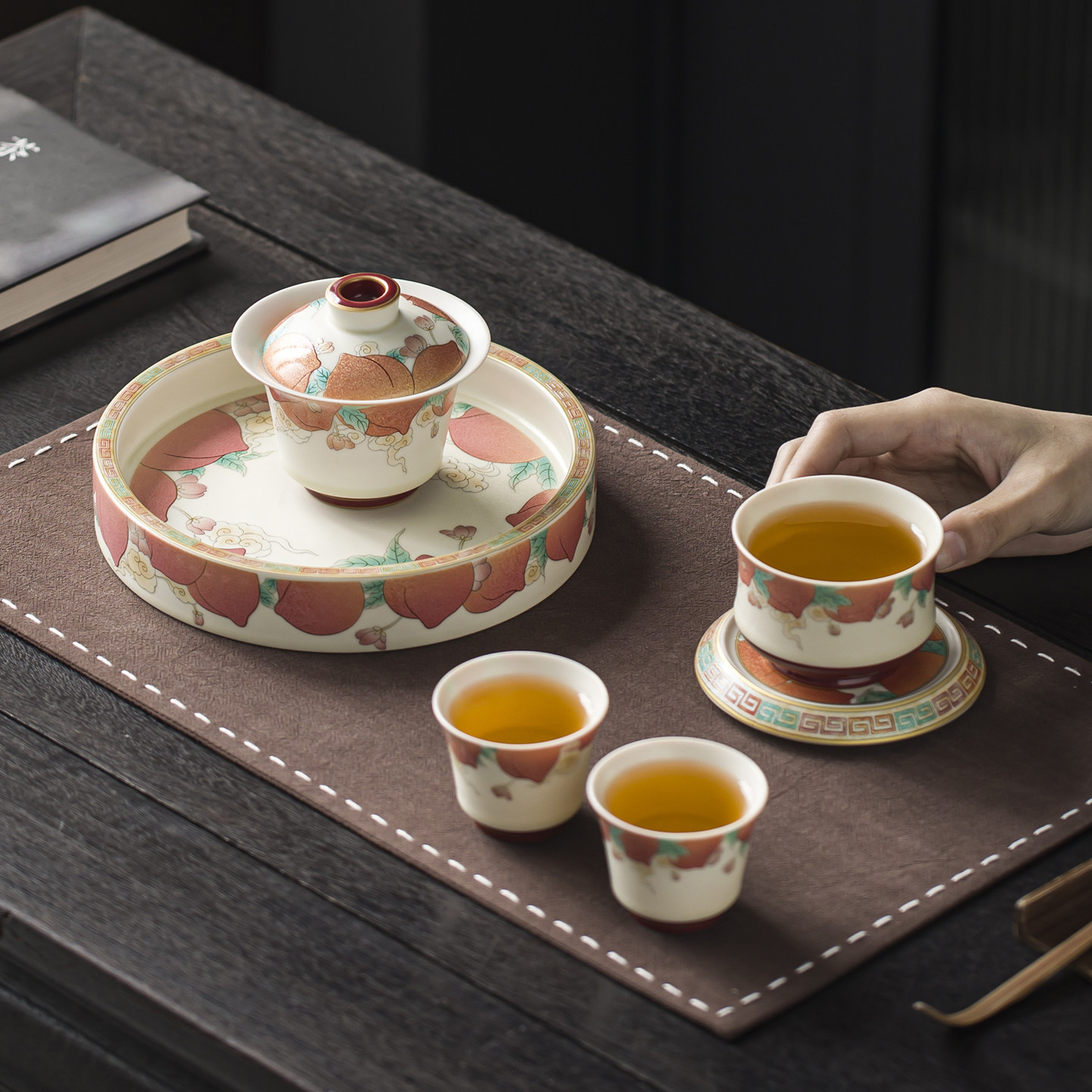 寿桃陶瓷茶具整套中式国风盖碗茶杯家用贺寿送礼高端精品礼盒套装