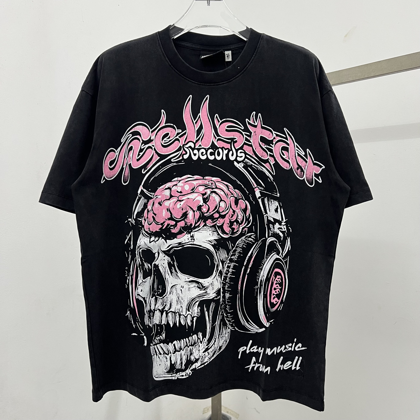 高品质地狱之星美式粉色骷髅耳机印花半袖男女高街复古短袖T恤男