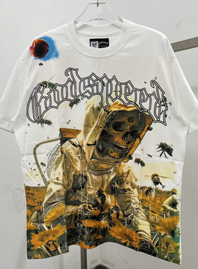 God speed美式做旧太空宇宙骷髅头字母印花半袖vintage短袖T恤男