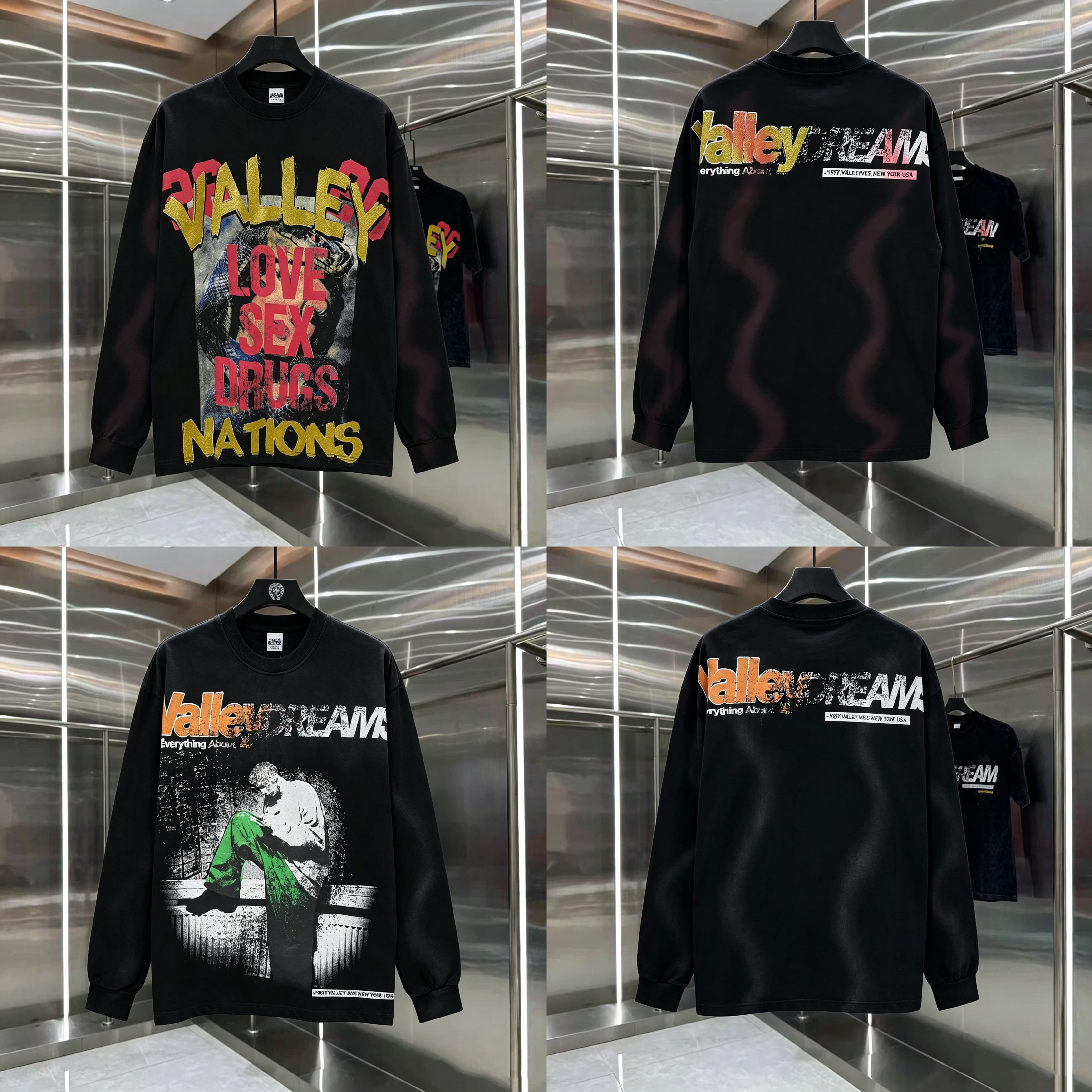Valley Dreams美式复古做旧渐变烫金涂鸦字母印花长袖T恤男棉长T图片