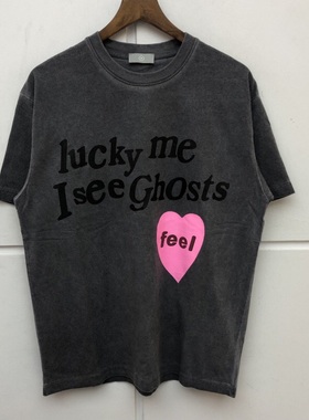 Kanye West侃爷专辑情侣水洗做旧复古笑脸短t男士涂鸦嘻哈短袖T恤