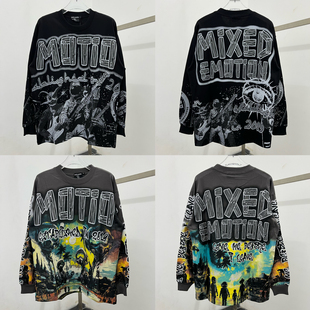 MIXED EMOTION美式做旧满印宇航员印花长袖T恤男女纯棉宽松打底衫