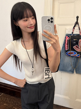 AlloFu十三行法式修身小飞袖坑条针织衫春季U领显瘦短款上衣19105