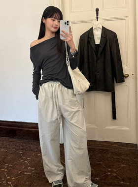 AlloFu十三行美式条纹工装裤女高腰速干冲锋裤宽松显瘦阔腿裤3780