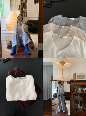 AlloFu十三行简约V领针织衫十三行秋季休闲宽松显瘦套头毛衣19011