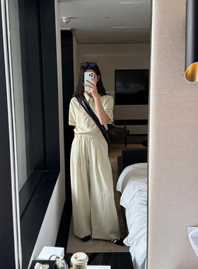 衣夫十三行简约夏套装短袖衬衫慵懒休闲松紧腰直筒阔腿裤子3907