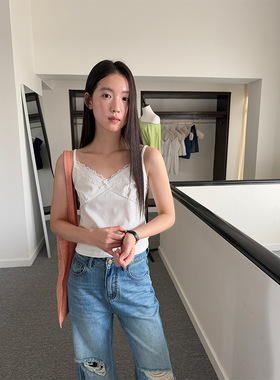 AlloFu十三行美式简约小吊带背心女修身显瘦蕾丝边内搭上衣5085