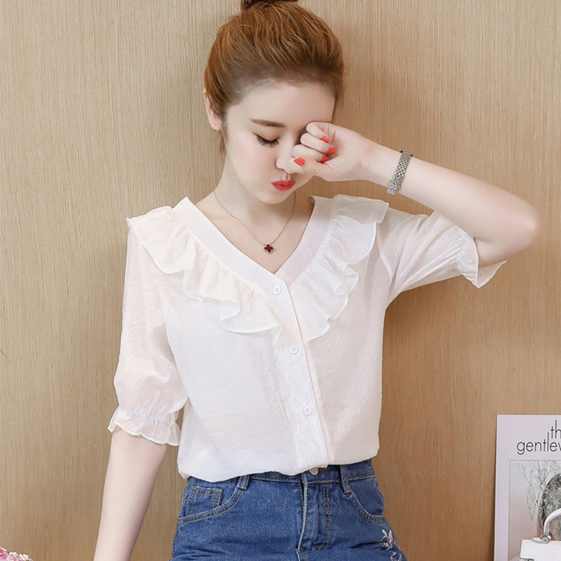 雪纺衬衫短袖2021夏新款很仙的女装潮时尚百搭显瘦荷叶边洋气上衣在类目 女装/女士精品, 蕾丝衫/雪纺衫中 - 来自Buy2taobao.com提供专业的淘宝代购服务