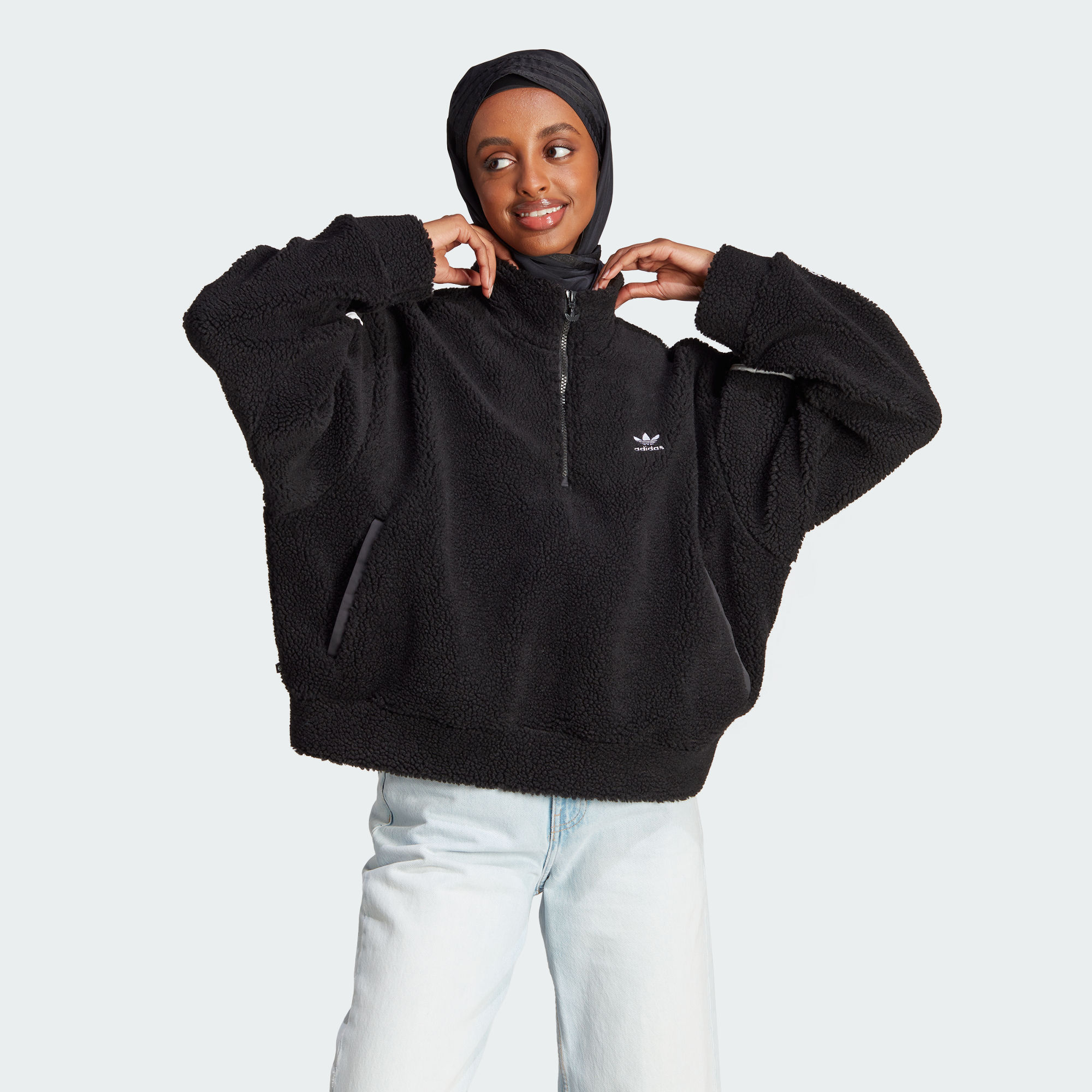Adidas阿迪达斯正品女子半开襟立领运动宽松长袖卫衣套头衫HM2128
