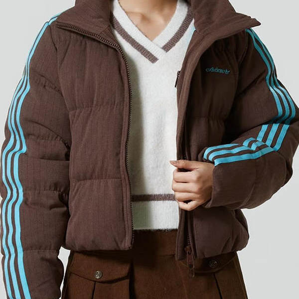 Adidas阿迪达斯三叶草女子撞色条纹立领短款面包服羽绒服KG4909