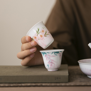 高档茶具品茗杯 手绘桃花茶杯个人专用喝茶杯单杯简约家用陶瓷中式