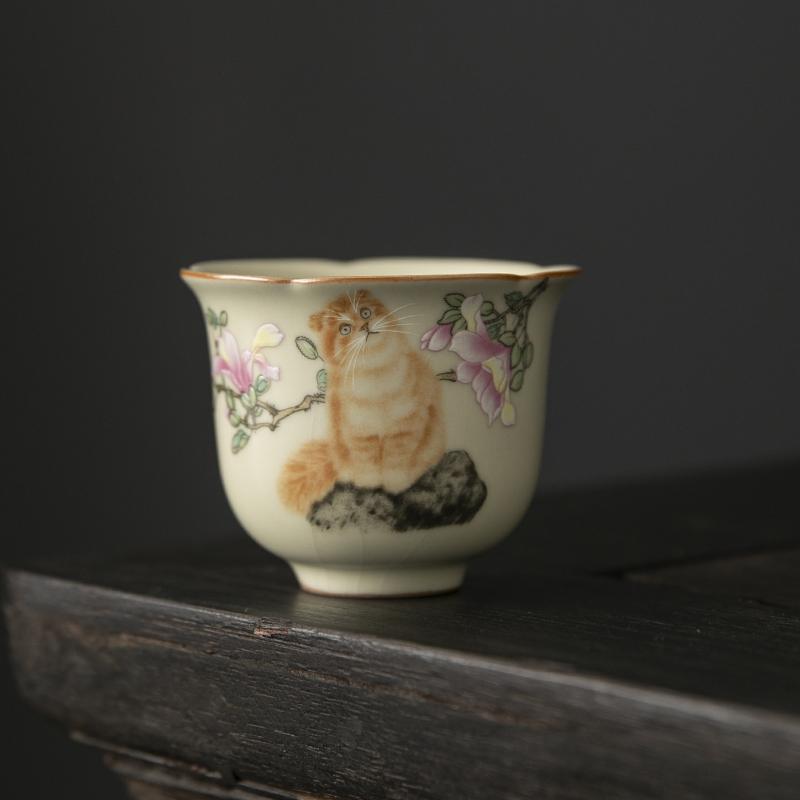 汝窑大号品茗杯家用汝窑萌猫茶杯可乐杯开片可养主人杯陶瓷待客杯
