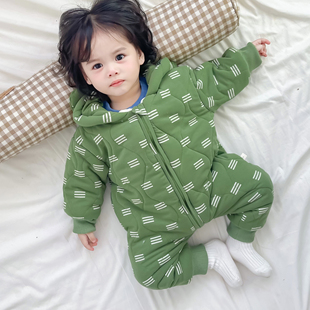 婴儿加绒加厚连帽冬装连体衣可爱超萌女宝宝夹棉爬服男婴拉链哈衣