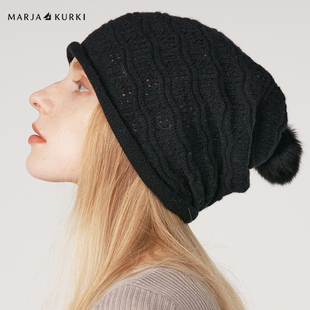 MARJAKURKI玛丽亚古琦毛线帽子女秋冬季黑色羊毛针织帽保暖毛绒帽