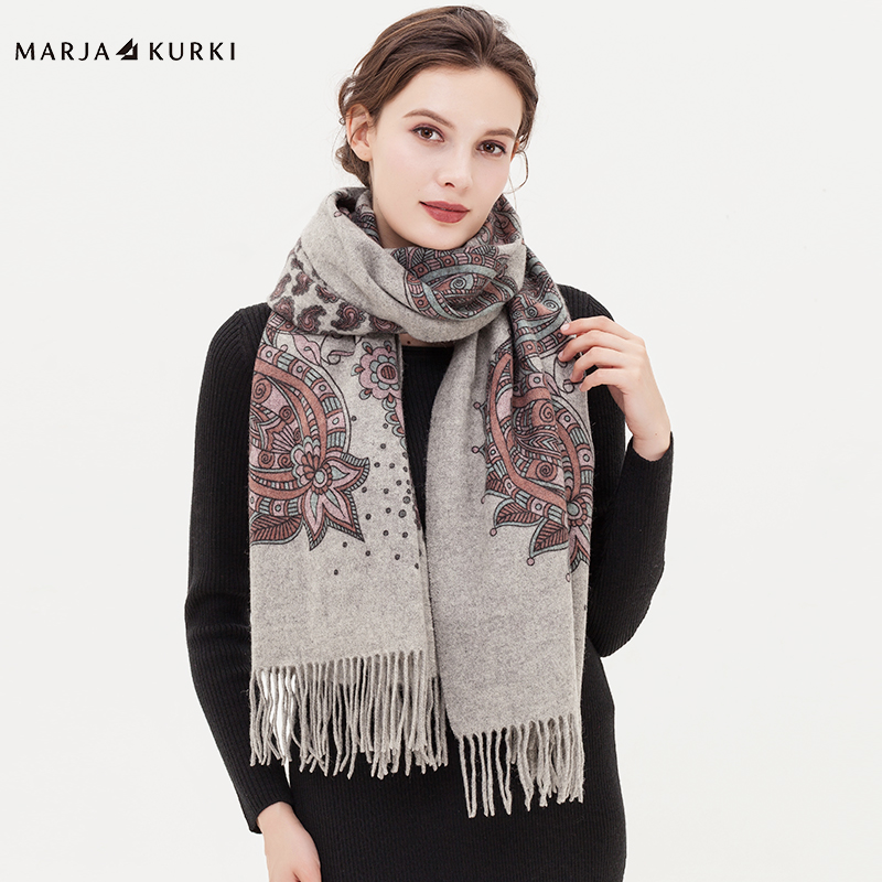 MARJAKURKI玛丽亚古琦秋冬季羊毛围巾女复古百搭印花加厚两用披肩
