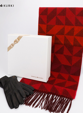 【礼赠礼物】玛丽亚古琦红色格子羊毛围巾羊皮真皮手套两件套礼盒