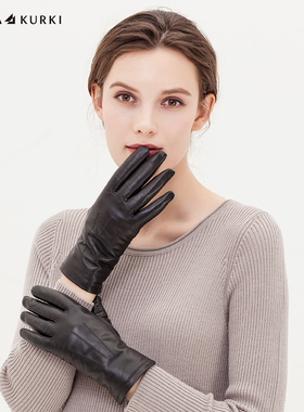 MARJAKURKI玛丽亚古琦黑色羊皮手套女士冬季开车加绒保暖真皮手套
