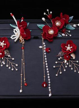 红色绒花边夹全套发饰发夹