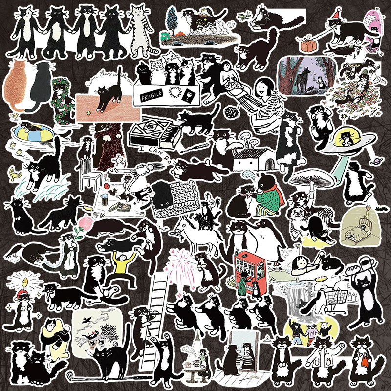 卡通黑白可爱奶牛猫猫贴纸手绘电脑iapd手帐咕卡咖啡杯手机贴画
